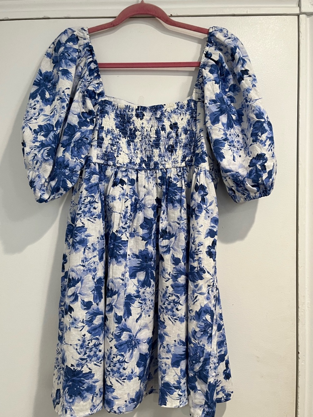 Abercrombie & Fitch Blue Linen Blend Floral Puff-Sleeve Emerson Dress Sz. L - Picture 7 of 14